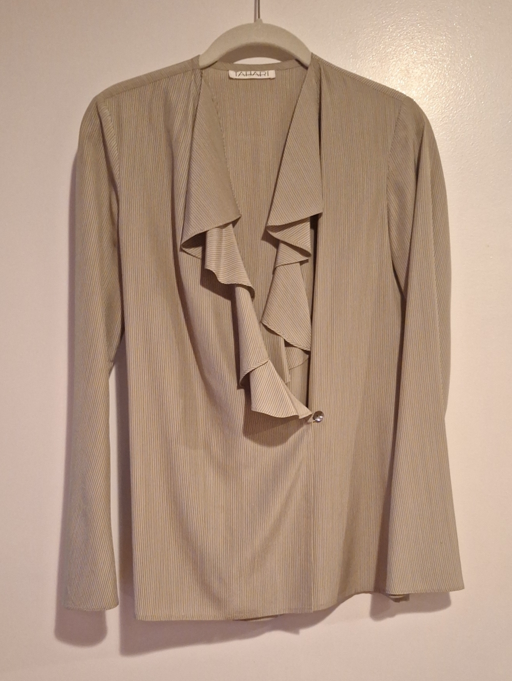 Tahari Taupe Ruffle Front Blazer